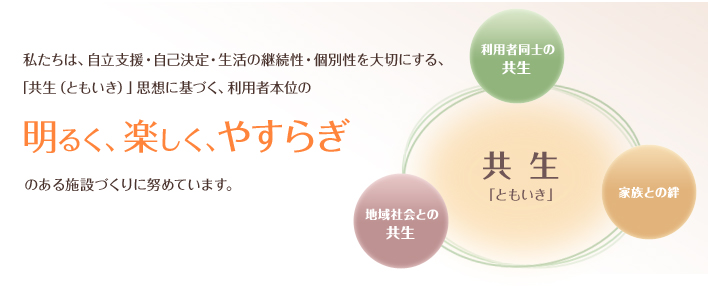 私たちは、自立支援・自己決定・生活の継続性・個別性を大切にする、「共生（ともいき）」思想に基づく、利用者本位の明るく、楽しく、やすらぎのある施設づくりに努めています。